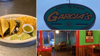 Kent's Tex-Mex Denison collage: a taco plate with rice and green salsa, the Kent's and Original Garcia's pole sign, and the colorful dining room