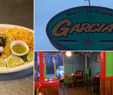 Kent's Tex-Mex Denison collage: a taco plate with rice and green salsa, the Kent's and Original Garcia's pole sign, and the colorful dining room