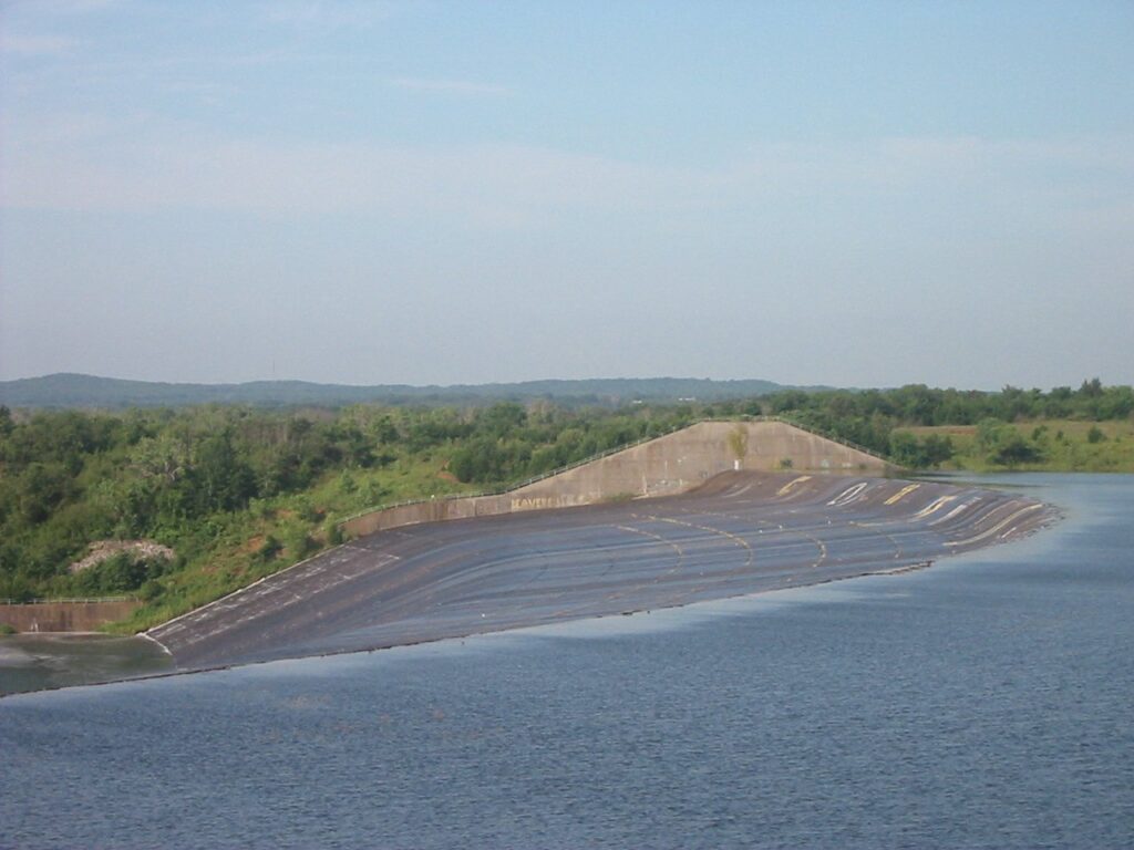 Water flowing over the Lake Texoma spillway at Denison Dam on the Texas-Oklahoma border