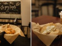 Legacy Bagels Gunter collage: a bagel held up in front of the shop's chalkboard sign, and a bagel with cream cheese next to a Legacy Bagels coffee cup