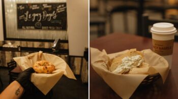 Legacy Bagels Gunter collage: a bagel held up in front of the shop's chalkboard sign, and a bagel with cream cheese next to a Legacy Bagels coffee cup