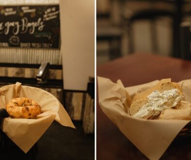 Legacy Bagels Gunter collage: a bagel held up in front of the shop's chalkboard sign, and a bagel with cream cheese next to a Legacy Bagels coffee cup