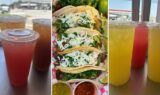 Marilina's Kitchen Gunter street tacos with cilantro and lime between cold fruit drinks from the Gunter food truck