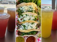 Marilina's Kitchen Gunter street tacos with cilantro and lime between cold fruit drinks from the Gunter food truck