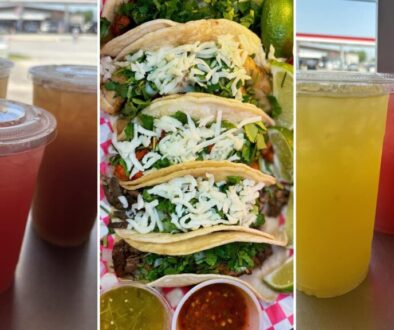Marilina's Kitchen Gunter street tacos with cilantro and lime between cold fruit drinks from the Gunter food truck