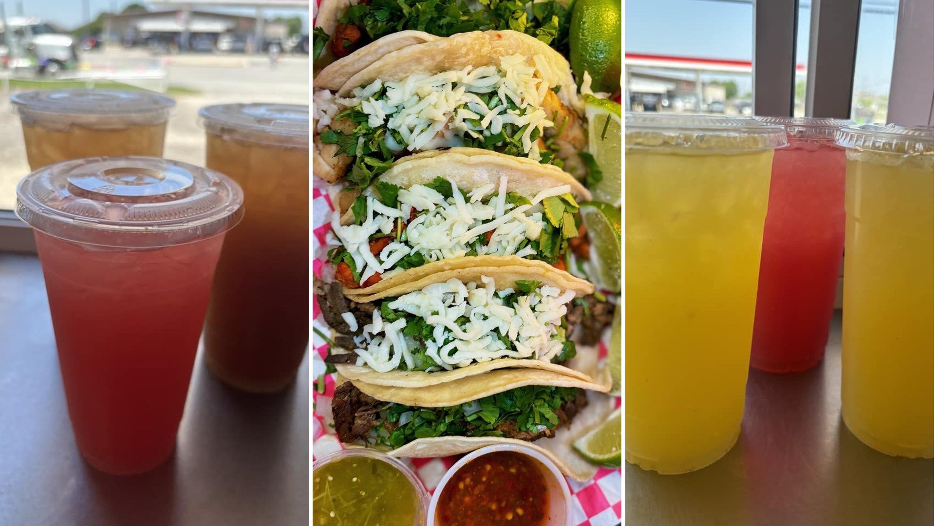 Marilina's Kitchen Gunter street tacos with cilantro and lime between cold fruit drinks from the Gunter food truck