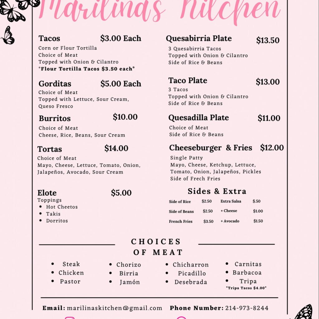 Marilina's Kitchen Gunter menu board listing tacos, gorditas, tortas, quesabirria, elote, and meat choices