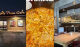 Palio's Pizza Cafe Howe collage: night storefront, cheese pizza, and dining room