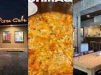 Palio's Pizza Cafe Howe collage: night storefront, cheese pizza, and dining room