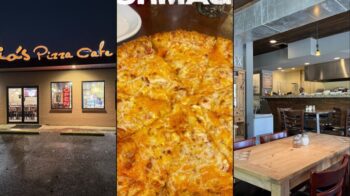 Palio's Pizza Cafe Howe collage: night storefront, cheese pizza, and dining room