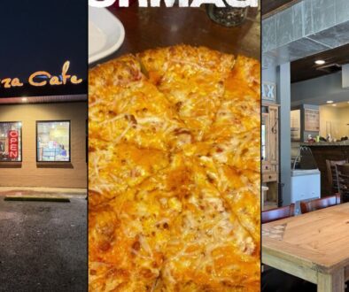 Palio's Pizza Cafe Howe collage: night storefront, cheese pizza, and dining room