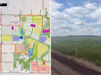 Platinum Ranch Gunter TX collage: Centurion American site plan with school sites, lakes and lot sections, beside an open field and gravel road in the first phase in spring 2026
