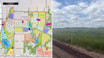 Platinum Ranch Gunter TX collage: Centurion American site plan with school sites, lakes and lot sections, beside an open field and gravel road in the first phase in spring 2026