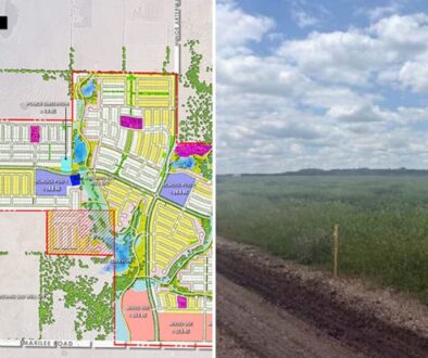Platinum Ranch Gunter TX collage: Centurion American site plan with school sites, lakes and lot sections, beside an open field and gravel road in the first phase in spring 2026