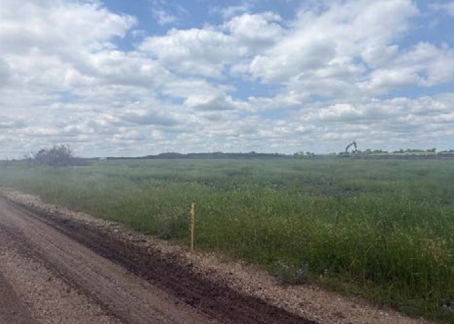Open grassland beside a graded dirt road with a survey stake in Platinum Ranch's first phase in Gunter TX, photographed for the May 2026 appraisal