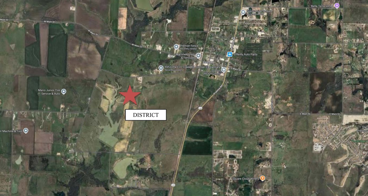 Satellite area map from the Platinum Ranch bond offering marking the district west of State Highway 289 and southwest of downtown Gunter TX