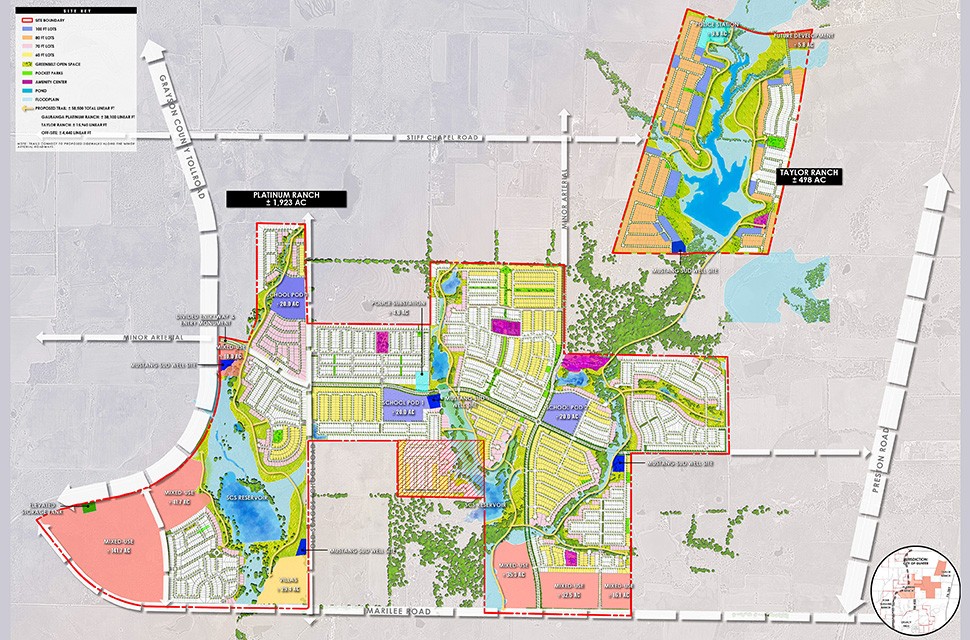 Centurion American master plan of Platinum Ranch in Gunter TX between the Grayson County Tollroad and Preston Road, north of Marilee Road, with school pods, Mustang SUD well sites, mixed-use tracts and Taylor Ranch to the northeast