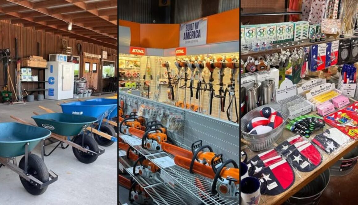 Preston Trail Farms Gunter collage: general store porch, STIHL hardware aisle, and Texas gift displays on TX-289