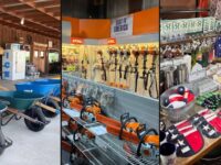 Preston Trail Farms Gunter collage: general store porch, STIHL hardware aisle, and Texas gift displays on TX-289