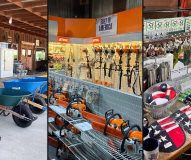 Preston Trail Farms Gunter collage: general store porch, STIHL hardware aisle, and Texas gift displays on TX-289