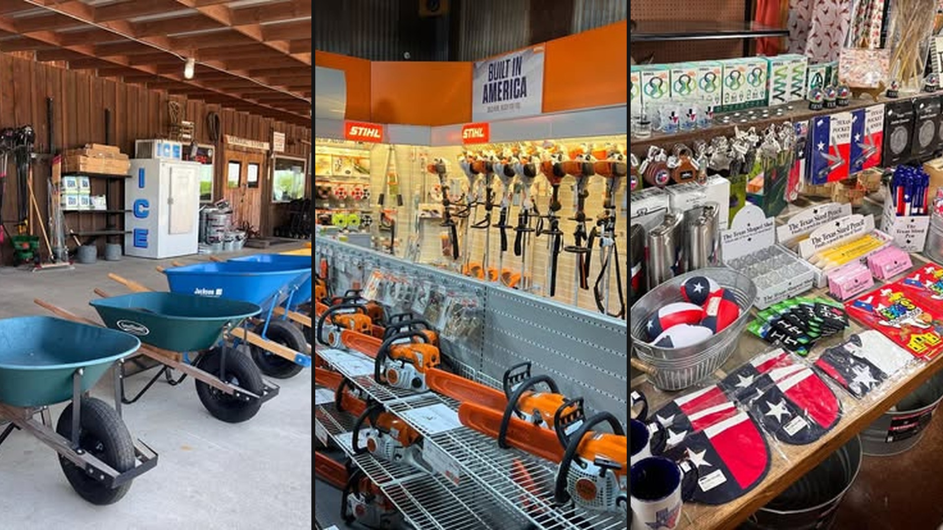 Preston Trail Farms Gunter collage: general store porch, STIHL hardware aisle, and Texas gift displays on TX-289