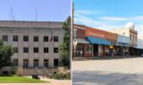 Register a vehicle in Grayson County, Texas: the Grayson County Courthouse in Sherman beside storefronts in Van Alstyne