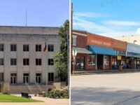 Register a vehicle in Grayson County, Texas: the Grayson County Courthouse in Sherman beside storefronts in Van Alstyne