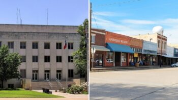 Register a vehicle in Grayson County, Texas: the Grayson County Courthouse in Sherman beside storefronts in Van Alstyne