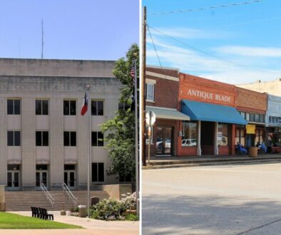 Register a vehicle in Grayson County, Texas: the Grayson County Courthouse in Sherman beside storefronts in Van Alstyne
