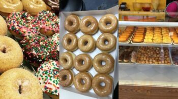 Sprinkle Donut Gunter — fresh glazed, chocolate, and sprinkle donuts plus the bakery display case
