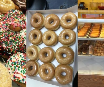 Sprinkle Donut Gunter — fresh glazed, chocolate, and sprinkle donuts plus the bakery display case