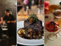 Stafford House Provisions Denison: dining room service, a plated steak entrée, and craft cocktails