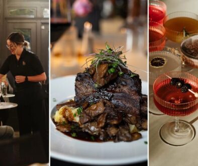 Stafford House Provisions Denison: dining room service, a plated steak entrée, and craft cocktails