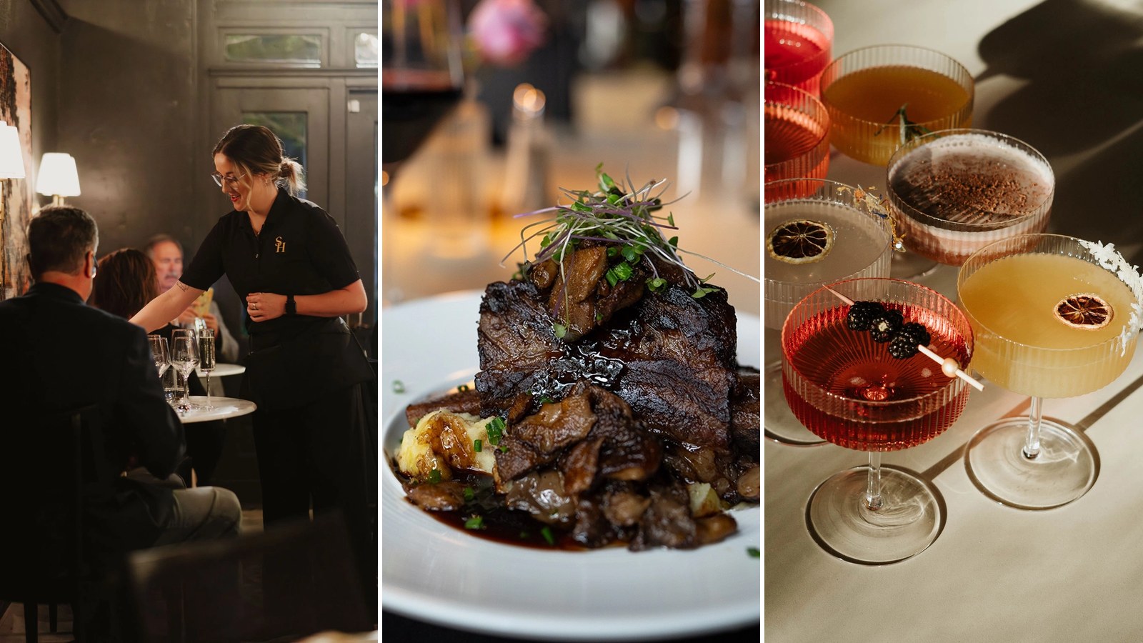 Stafford House Provisions Denison: dining room service, a plated steak entrée, and craft cocktails