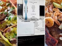 Street Tacos Howe collage: beef tacos with green salsa, the trailer menu board listing tacos and pupusas, and a grilled shrimp, steak, and sausage plate