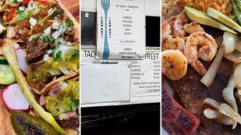 Street Tacos Howe collage: beef tacos with green salsa, the trailer menu board listing tacos and pupusas, and a grilled shrimp, steak, and sausage plate