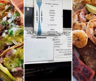 Street Tacos Howe collage: beef tacos with green salsa, the trailer menu board listing tacos and pupusas, and a grilled shrimp, steak, and sausage plate