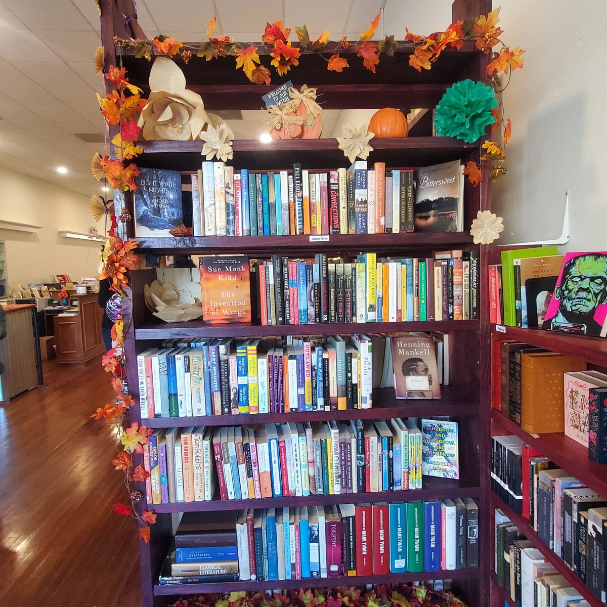 Bookshelf near the entrance of Sundrop Books in Denison, trimmed with fall leaves and pumpkins