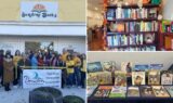 Sundrop Books Denison collage: ribbon cutting outside the 214 W. Main St. storefront, a fall-decorated bookshelf, and a table of Native children's picture books