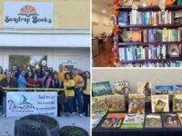 Sundrop Books Denison collage: ribbon cutting outside the 214 W. Main St. storefront, a fall-decorated bookshelf, and a table of Native children's picture books