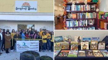 Sundrop Books Denison collage: ribbon cutting outside the 214 W. Main St. storefront, a fall-decorated bookshelf, and a table of Native children's picture books