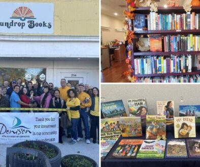 Sundrop Books Denison collage: ribbon cutting outside the 214 W. Main St. storefront, a fall-decorated bookshelf, and a table of Native children's picture books