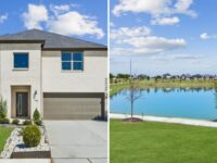 Collage of a new two-story brick home and a pond with a walking trail at Sunset Ranch in Gunter TX