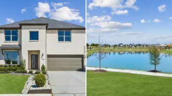 Collage of a new two-story brick home and a pond with a walking trail at Sunset Ranch in Gunter TX