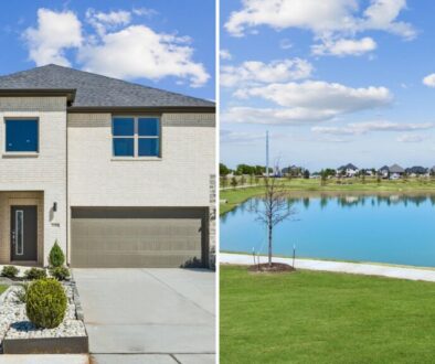 Collage of a new two-story brick home and a pond with a walking trail at Sunset Ranch in Gunter TX