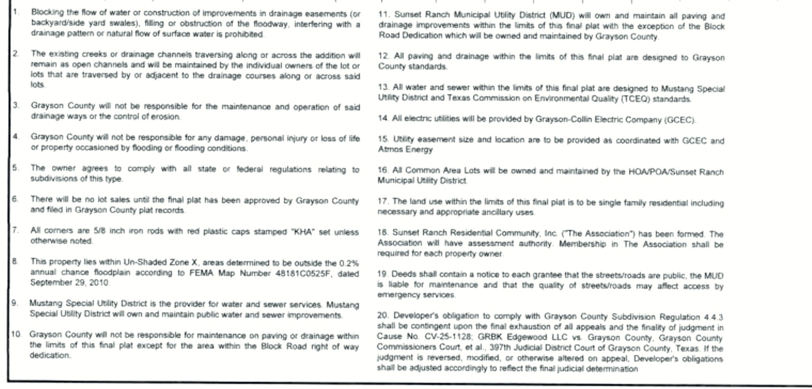 General notes on the Sunset Ranch Phase 2B final plat covering MUD street maintenance, Mustang SUD water, the HOA and the lawsuit over Grayson County Subdivision Regulation 4.4.3