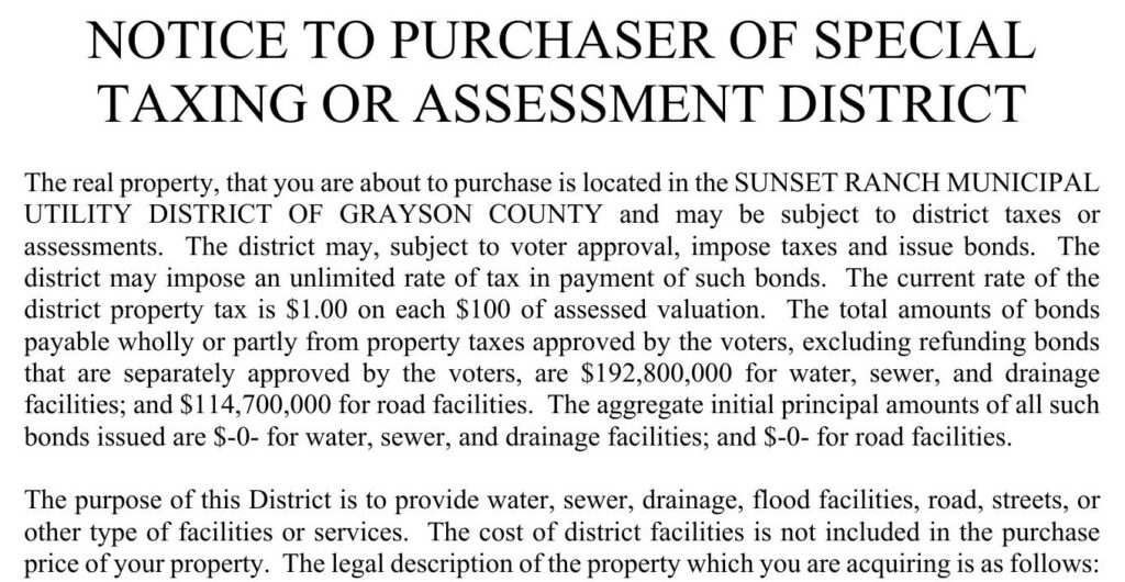 Notice to purchaser for Sunset Ranch Municipal Utility District of Grayson County listing a $1.00 per $100 district tax and $192.8 million plus $114.7 million in voter-approved bonds