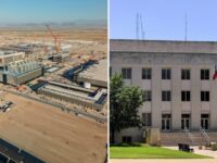 TSMC Sherman Texas collage: TSMC's Arizona fab campus under construction beside the Grayson County Courthouse in Sherman