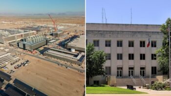 TSMC Sherman Texas collage: TSMC's Arizona fab campus under construction beside the Grayson County Courthouse in Sherman