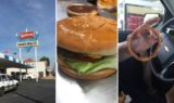 Watson's Drive In Denison: Watson's Hamburgers sign over the blue-and-white awning, a cheeseburger, and a homemade onion ring